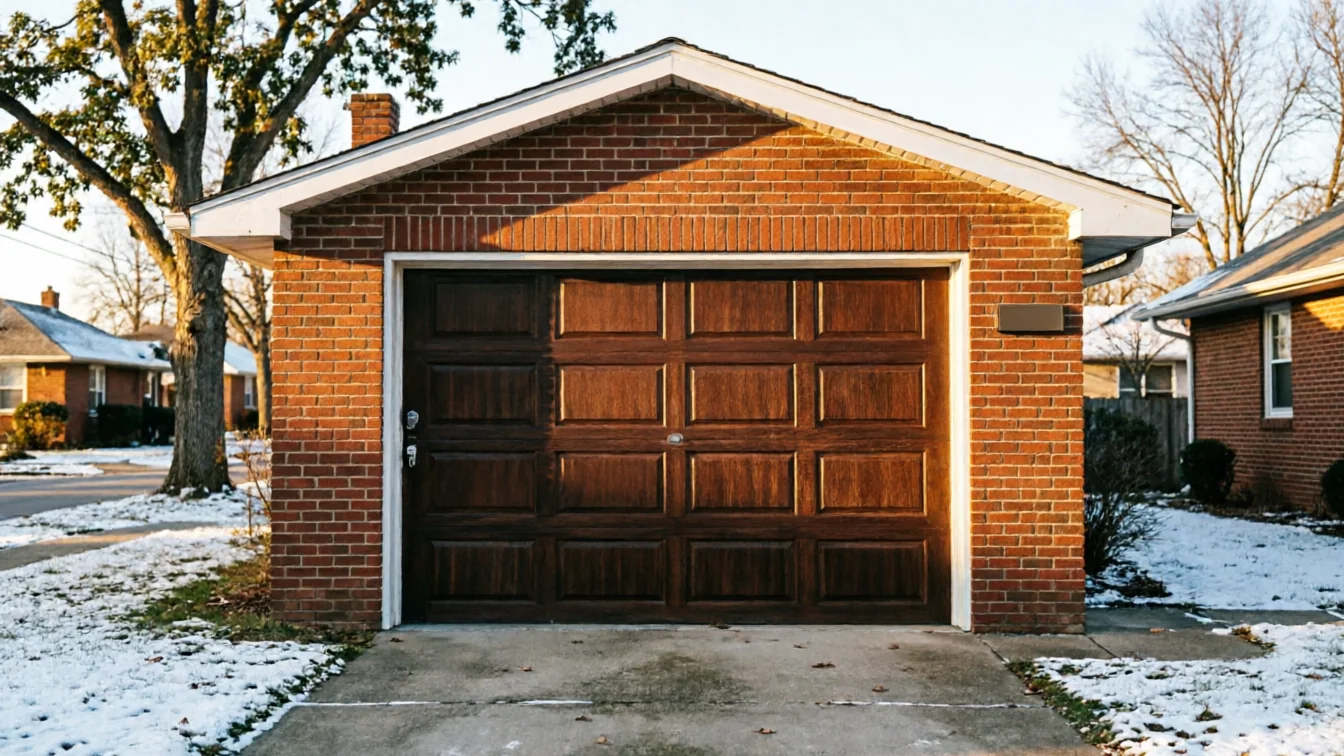 A brown paneled garage door on a brick garage with snow on the ground.