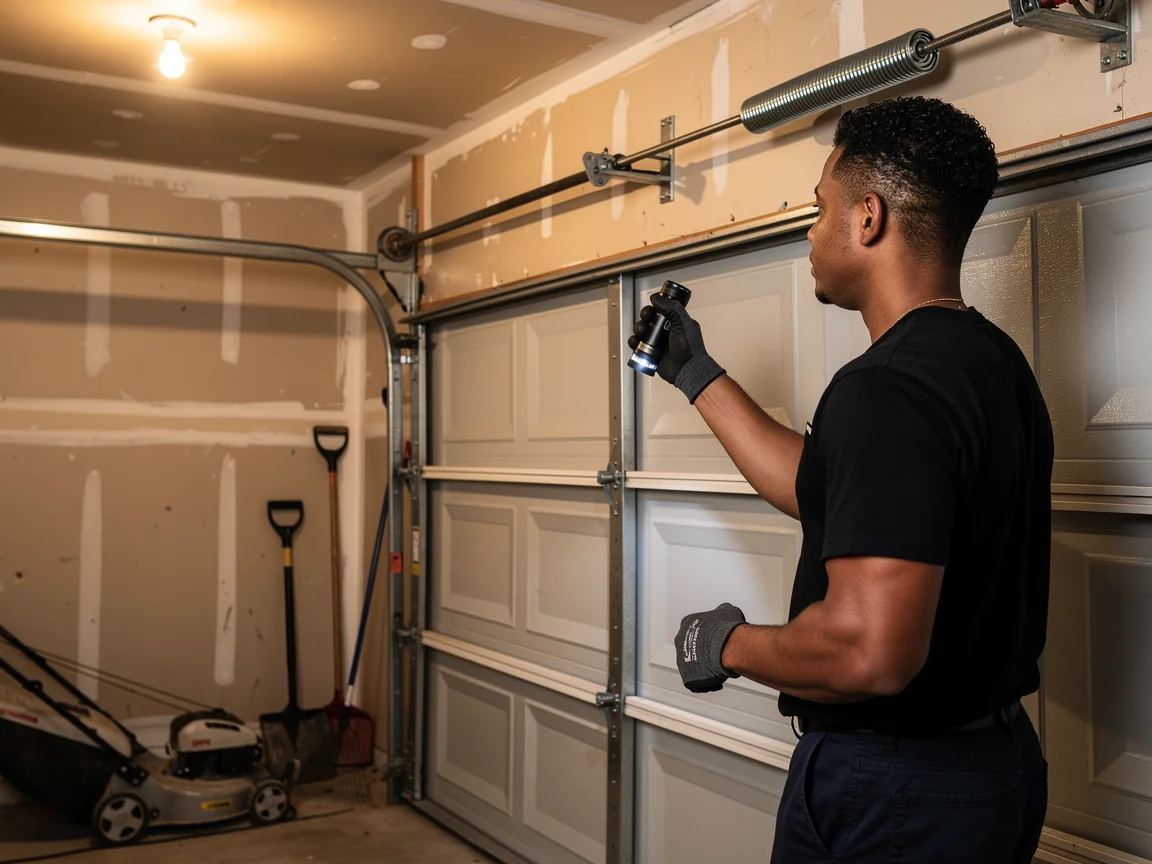 A technician shines a flashlight on a closed garage door with a torsion spring above it.