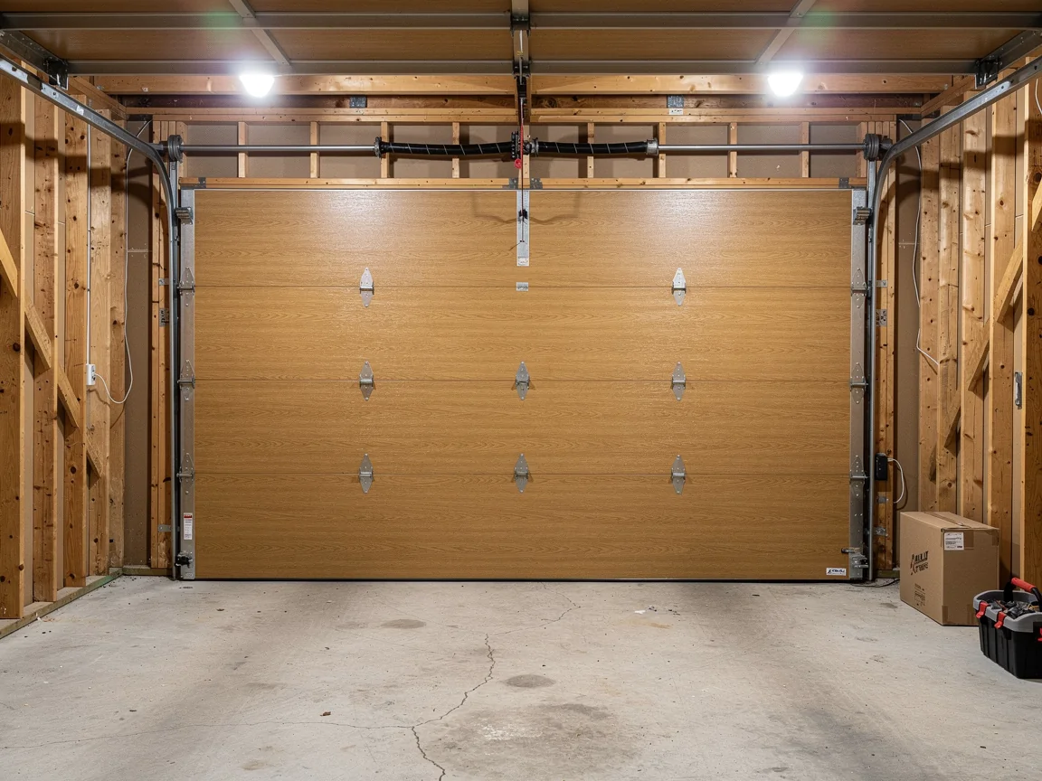 A closed light brown garage door with a torsion spring and tracks.