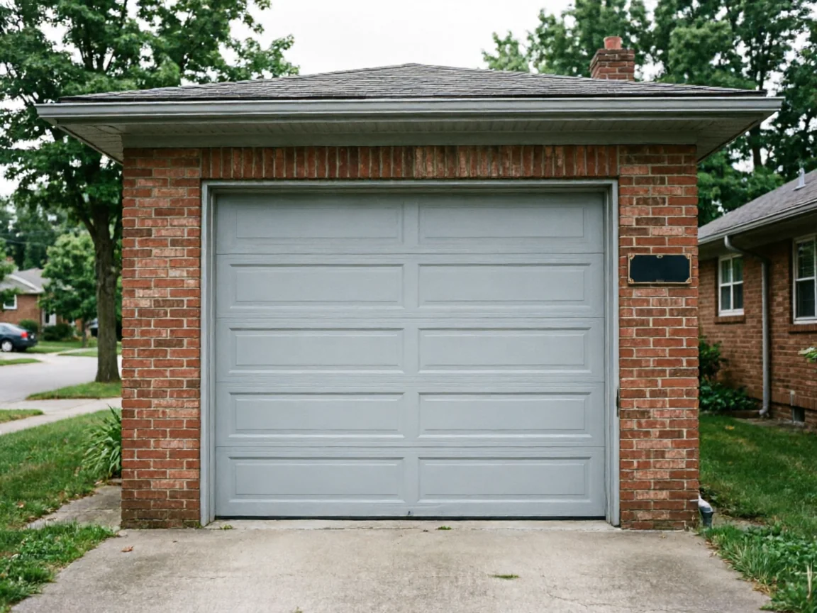 A light gray garage door is in a brick garage with a dark roof.