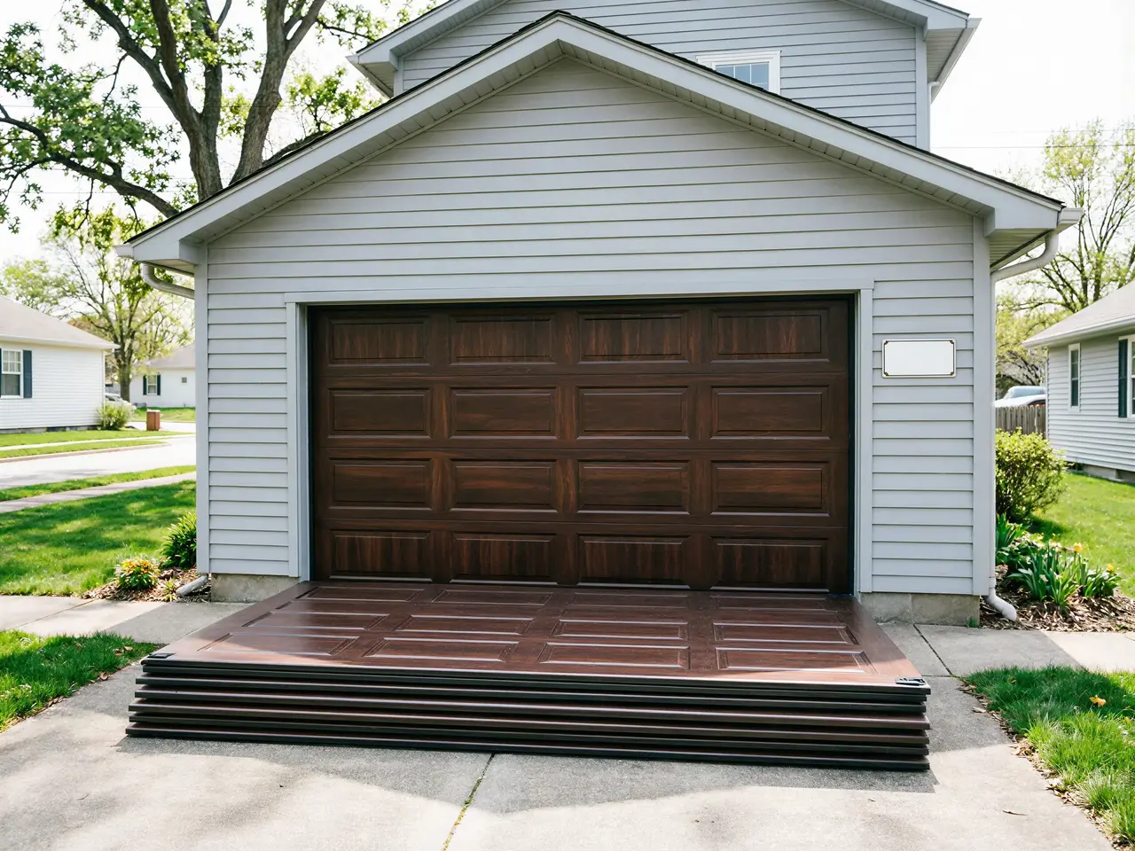 A brown garage door is installed with new panels stacked on the driveway.