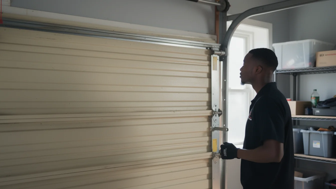 A technician in a black shirt and gloves looks at a beige garage door.