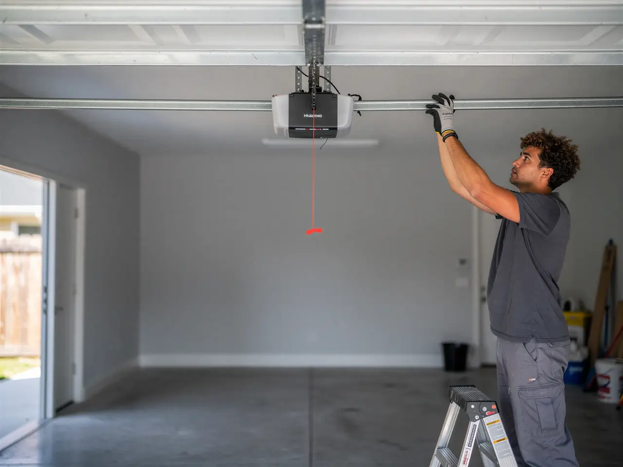 A technician on a ladder installs a garage door opener in a new garage.