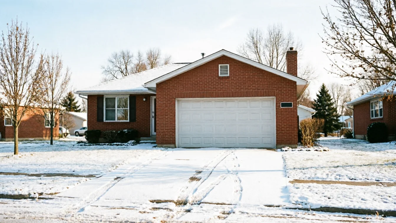 A red brick house with a white garage door and a snow-covered driveway.