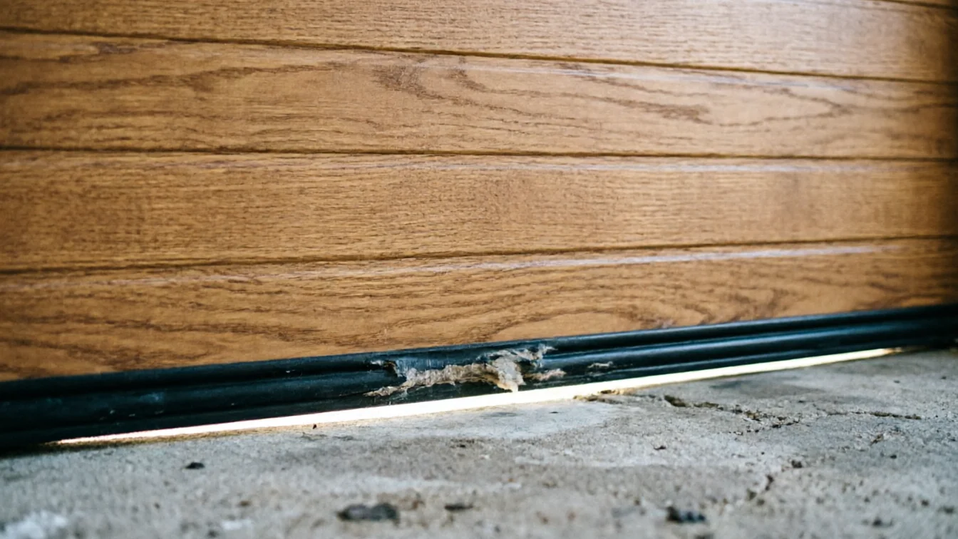 The garage door bottom seal is damaged, showing a gap and light underneath.
